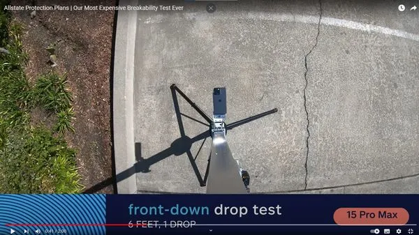 ▲iPhone 15 Pro Max摔落測試。（圖／翻攝Allstate Protection Plans公開畫面）