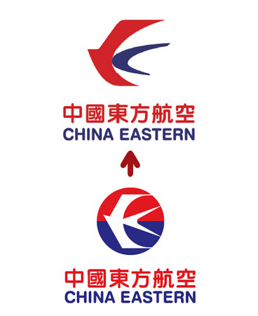 原有的白色燕子改变为红,蓝色 组成的燕子,将东航简称(china eastern)