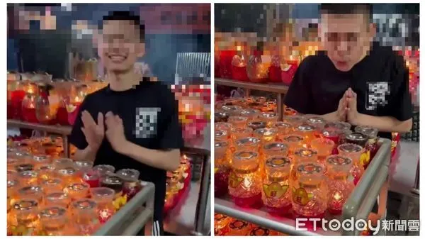 ▲年輕男子赴「泡麵土地公」石龍宮參拜，竟將供奉用的蠟燭當生日蠟燭吹熄。（圖／翻攝「抖音」）