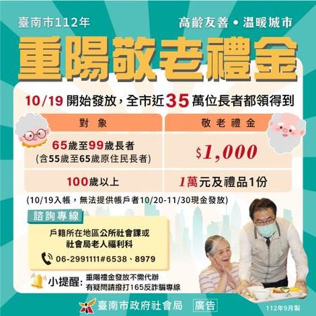 ▲▼         台南重陽敬老金今入帳    。（圖／翻攝台南市政府社會局）