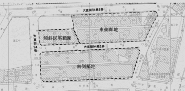 ▲▼大直傾斜民宅南側鄰地參與公辦都更意願逾90%。（圖／台北市更新處提供）