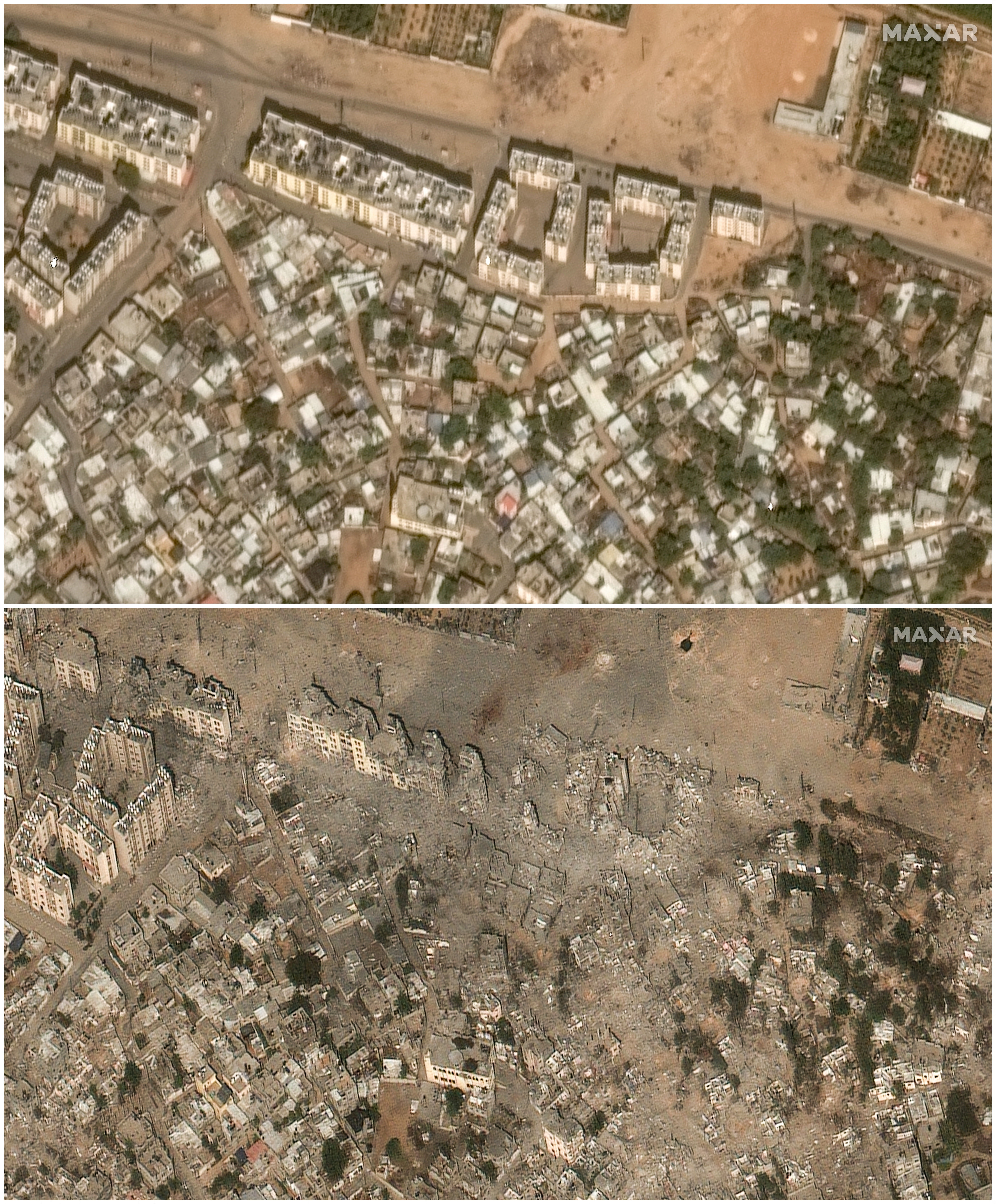 ▲▼  加薩北部貝特哈農（Beit Hanoun）2023年10月10日與2023年10月21日衛星影像。（圖／路透）