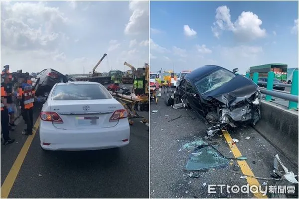 ▲▼國道1號南下台南交流道傳出追撞車禍。（圖／記者林東良翻攝）