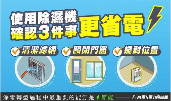 ▲除濕機省電三招。（圖／台電）