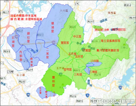 ▲自來水公司為辦理台南市玉井區台三線沙田橋與三埔橋自來水管線改接工程，以維持供水穩定，4區將自11月2日上午9時起至3日上午4時止，壓降供水及停水施工19小時。（圖／記者林東良翻攝）