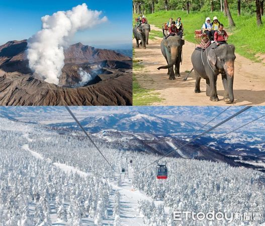 ▲左上圖易飛網九州行程可搭乘直升機由空中俯視阿蘇火山震撼噴煙；右上圖泰國入住「爽泰度假莊園」送8合1遊泰必玩體驗，乘大象漫步熱帶莊園；下圖網日本東北過年藏王樹冰。（圖／易飛網提供）