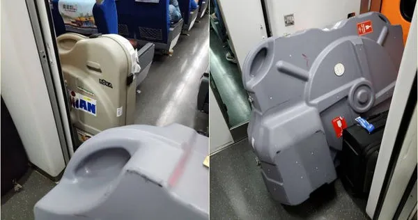 有民眾搭火車發現奇怪的塑膠箱行李，因此拍下上網詢問。（圖／翻攝自爆廢公社）