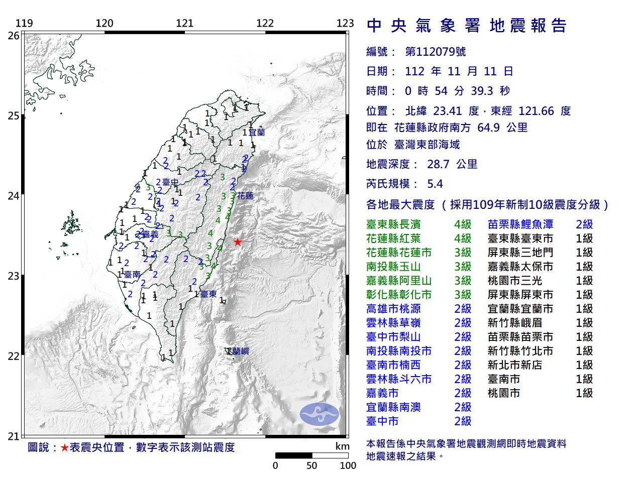 快訊／00:54台灣東部海域規模5.4「極淺層地震」　最大震度4級