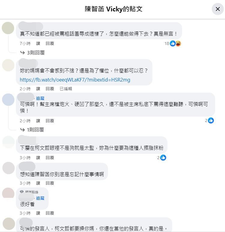 柯辦發言人陳智菡臉書被留言洗版。（圖／翻攝自Facebook／陳智菡）