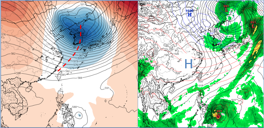 ▲▼最新(10日20時)歐洲(ECMWF)模式，下週五(17日)20時500百帕模擬圖顯示，槽線之後冷空氣南下(左圖)。同時的地面模擬圖顯示，大陸高壓籠罩，各地晴朗穩定(右圖)。熱帶擾動在菲律賓南部近海發展。（圖／三立準氣象.老大洩天機）