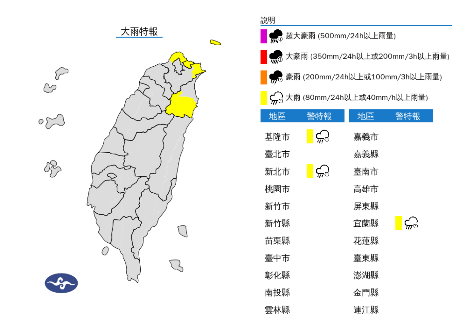 ▲▼3縣市大雨特報。（圖／氣象署）