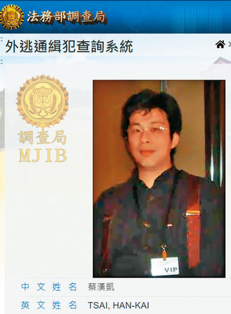 蔡漢凱自稱為高檢署臥底遭出賣，擔心被滅口才潛逃到大陸遭通緝。（翻攝調查局官網）