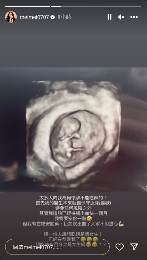 ▲MEI MEI懷孕初期出血，目前有吃安胎藥。（圖／翻攝自Instagram／meimei0707）