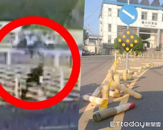 ▲彰化大村車站前防撞桿被踢倒。（圖／記者唐詠絮翻攝）