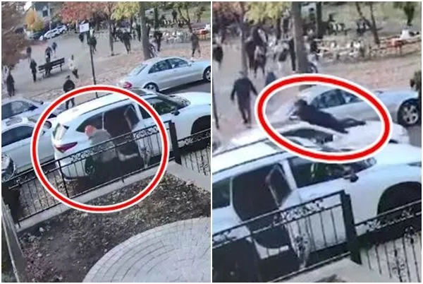 ▲▼美國紐約皇后區一名43歲男子為了阻止劫車犯，趴在車頂上，結果被歹徒加速甩落，重摔死亡。（圖／翻攝自X／@CollinRugg）