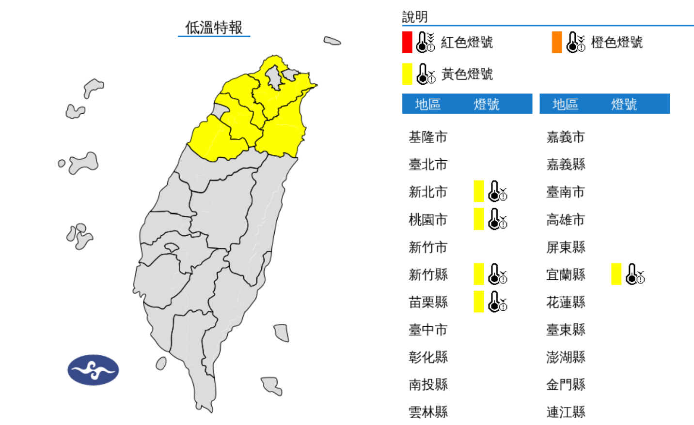 ▲▼5縣市低溫特報。（圖／氣象署）