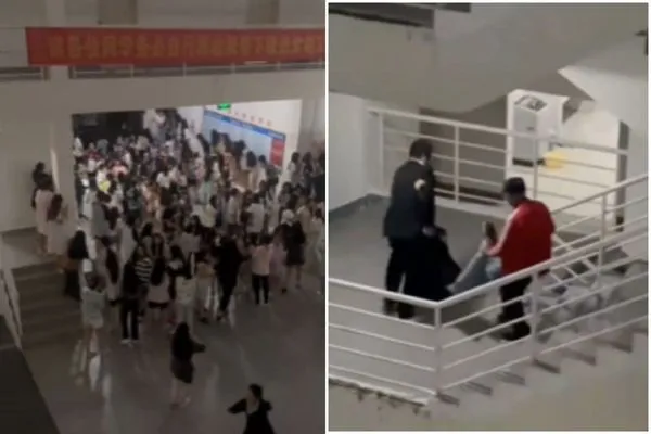 男大生扮女裝闖女宿求復合，然後就被電暈了！慘被「撿屍」抬出。（翻自微博）