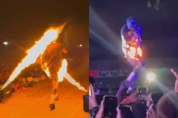 ▲▼巴西歌手瓊加在表演時被舞台的火柱射中，導致下半身起火。（圖／翻攝自YouTube）