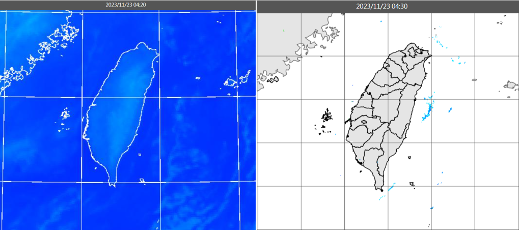 ▲▼23日4：20紅外線色調強化雲圖顯示，各地晴朗(左圖)。4：30雷達回波合成圖顯示，各地無降水回波(右圖)。（圖／三立準氣象.老大洩天機）