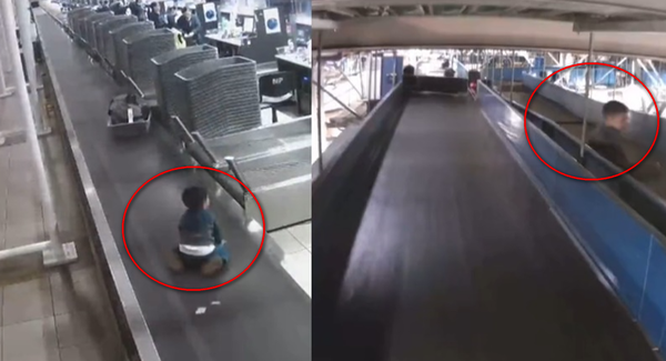 3歲童爬上機場輸送帶受困　「被當行李高速運走」驚險畫面曝。（圖／翻攝自推特）