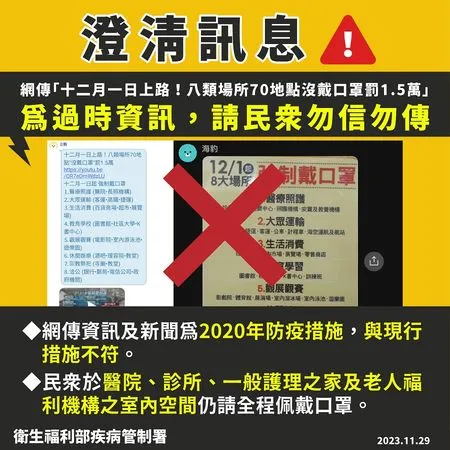 ▲為防黴漿菌「12／1起強制戴口罩」?是過時訊息             。（圖／屏東縣政府衛生局提供）