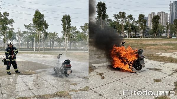 ▲高雄一輛機車詭異自燃，消防隊員灌救撲滅             。（圖／記者吳世龍翻攝）