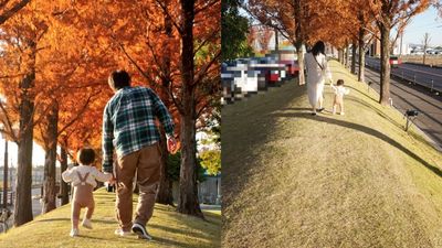夫妻帶兒「拍秋天照」拍出2種季節　一看對比就知老公還要再加油
