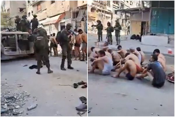 ▲▼網路社群12月7日起流傳一些影像顯示，以色列軍方在加薩大規模拘捕巴勒斯坦男子，將他們脫衣、雙手反綁，送上軍車。（圖／翻攝自X／@1717Bazz）