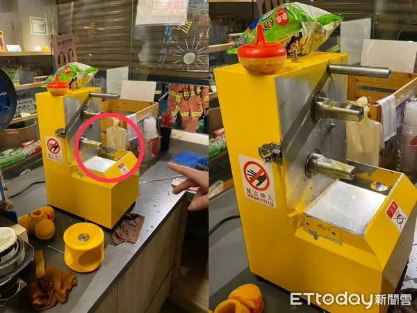 ▲▼員工的大拇指捲入榨果汁機，差點斷肢             。（圖／記者戴上容翻攝）