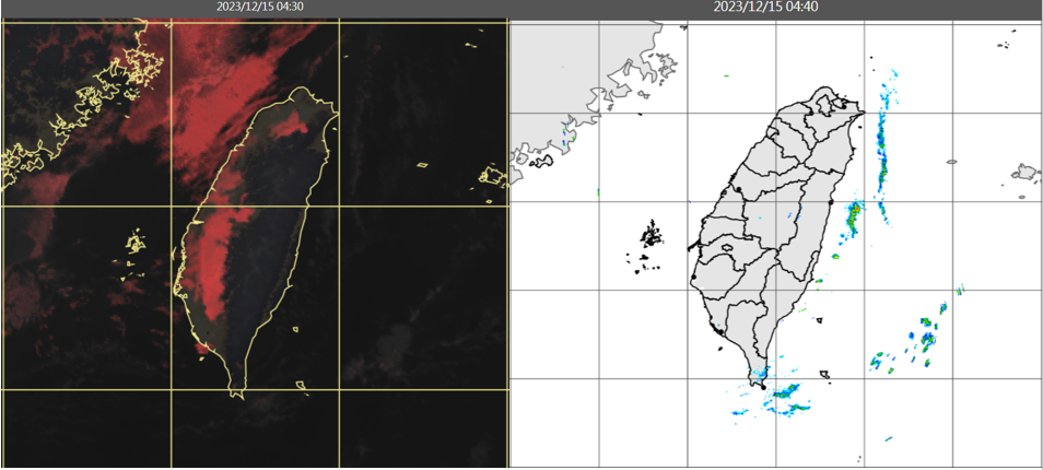 ▲▼今(15日)晨4：30時真實色雲圖顯示，陸地上晴朗，中南部及台灣海峽有低雲或霧(左圖)。4：40雷達回波合成圖顯示，陸地上無降水回波(右圖)。。（圖／翻攝三立準氣象.老大洩天機）