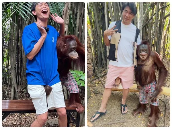 ▲藝人黃鐙輝(左)和梁赫群兩人今年分別去泰國旅遊時，不約而同和同一隻紅毛猩猩合照，皆遭到猩猩「突襲」。（圖／梁赫群、黃鐙輝提供）。