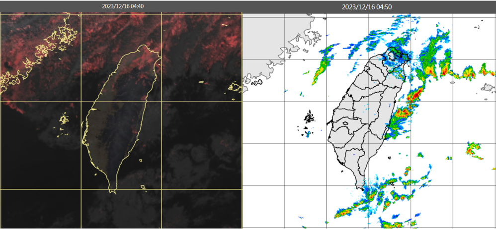 ▲▼ 今(16日)晨4：40時真實色雲圖顯示，迎風面低雲增多(左圖)。4：50雷達回波合成圖顯示，低雲伴隨降水回波消長(右圖)。（圖／三立準氣象.老大洩天機）