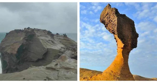 象鼻岩鼻子不敵風浪，16日下午崩塌沒入大海，網友憂心下一個消失的恐是野柳女王頭。（圖／翻攝自瑞芳公共論壇臉書、交通部觀光局提供）