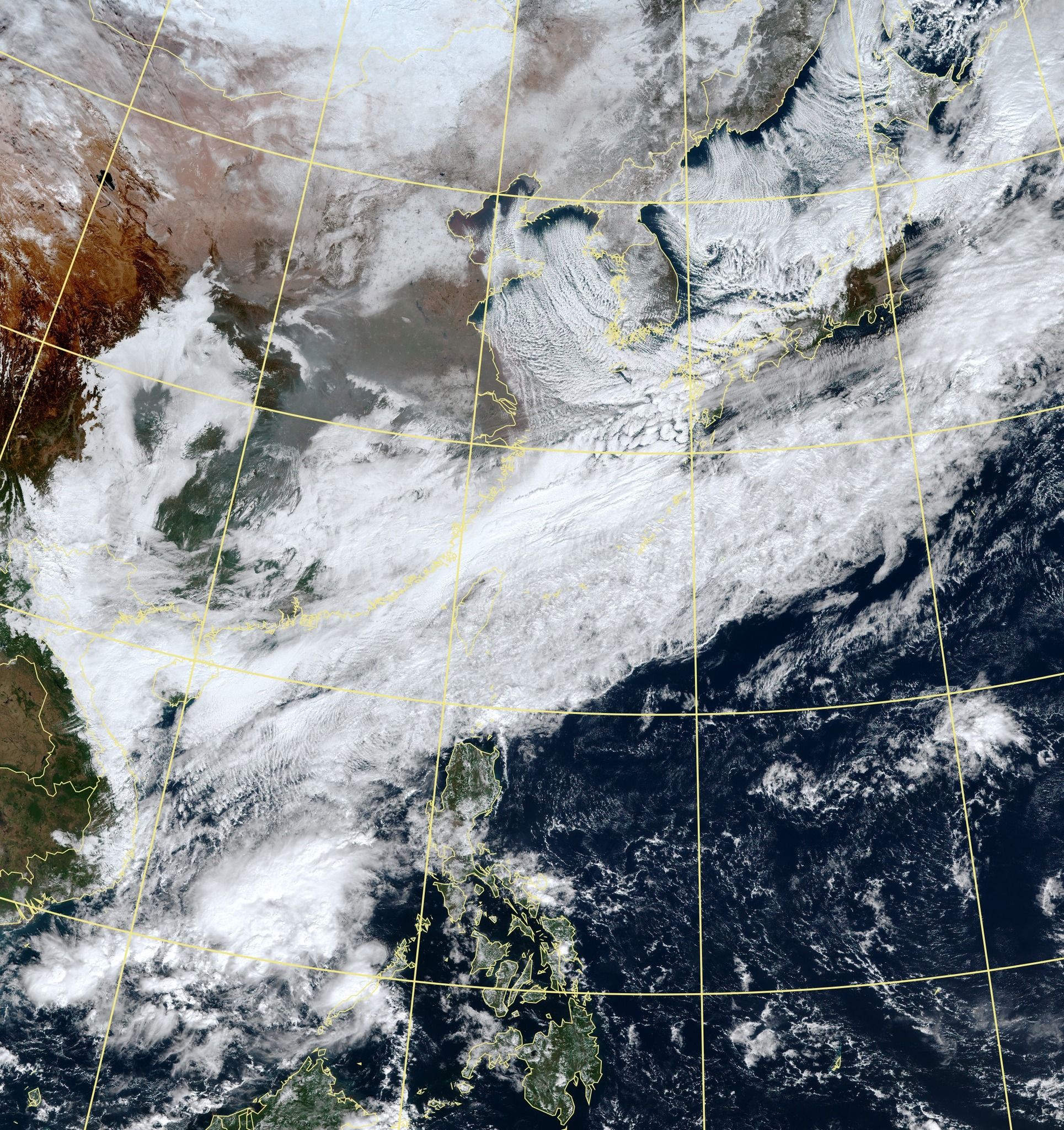 ▲▼朝鮮半島、中國華北及東北無雲卻呈現白色，代表地表被冰封住了。（圖／台灣颱風論壇｜天氣特急）