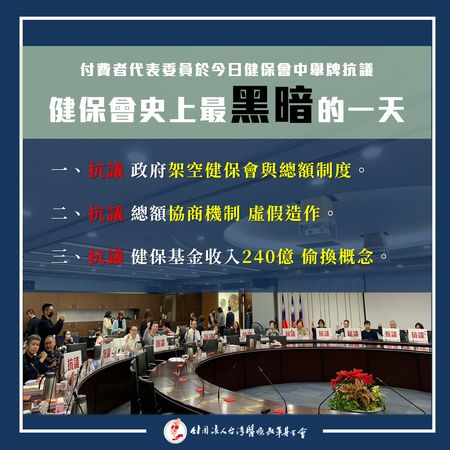 ▲▼醫改會等多位付費者代表委員於健保會舉牌，抗議政府違法行政、架空健保會。（圖／取自Facebook／醫改會）