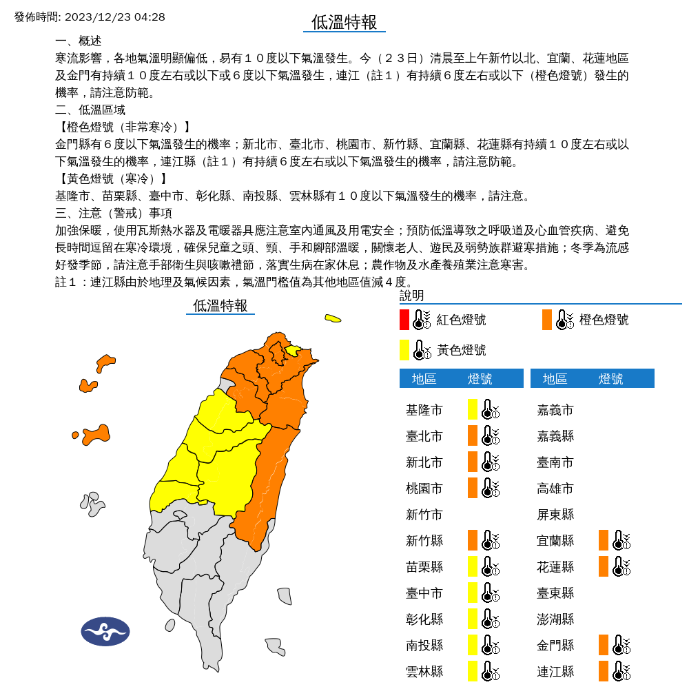 ▲▼低溫特報。（圖／中央氣象署）