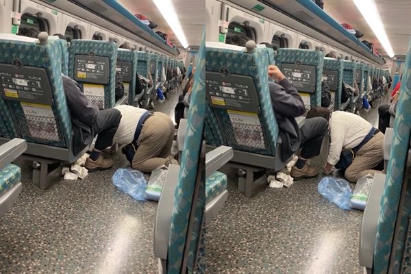 ▲▼男乘客在列車上嘔吐，清潔阿姨跪在地上幫忙清理。（圖／翻攝臉書／爆料公社）