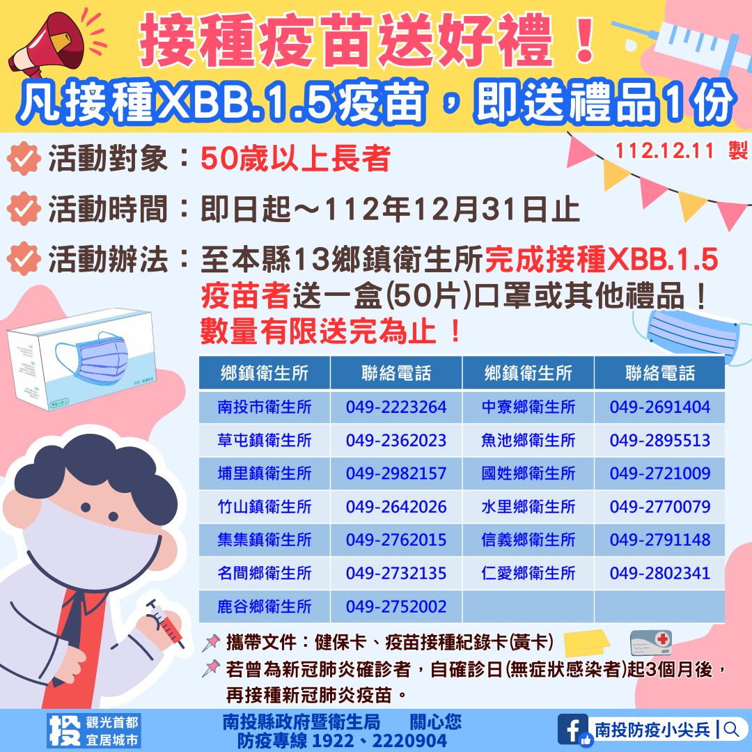 ▲50歲以上民眾於12月31日前施打新冠疫苗可獲贈口罩一盒。（圖／南投縣衛生局提供）