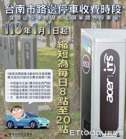 ▲台南市停車收費管理新制上路，2024年元月起，全市路邊停車格及人工開單路外停車場收費時段原則縮短2小時，預期可減輕民眾負擔。（圖／記者林東良翻攝，下同）