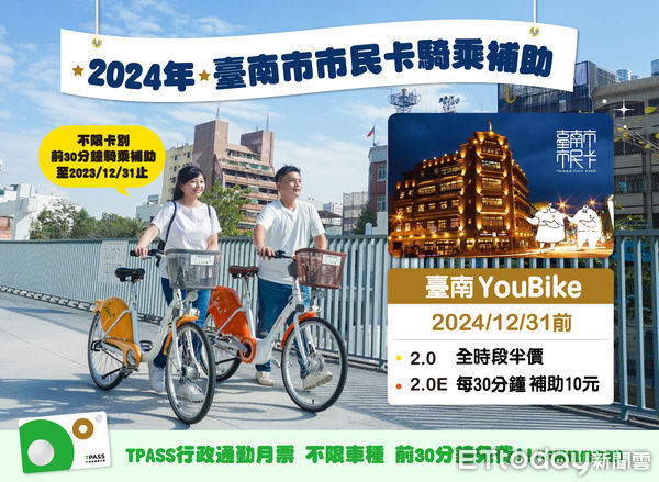 ▲台南市政府為推廣市民及觀光旅客騎乘公共自行車節能減碳，2024年起持市民卡騎乘則可享有YouBike 2.0全時段半價、YouBike 2.0E每30分鐘定額補助10元的優惠。（圖／記者林東良翻攝，下同）