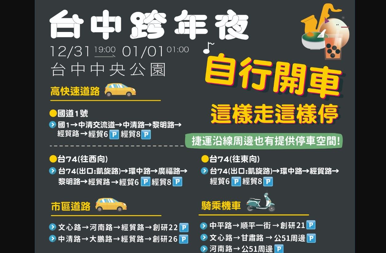 ▲台中2024跨年晚會停車攻略出爐，智慧化系統查剩餘車位。（圖／台中市交通局提供）