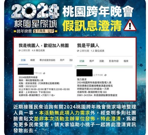 ▲針對「2024桃園跨年晚會場地人員求職訊息」，桃市府觀旅局在官網緊急呼籲民眾勿上當。（圖／翻攝自市府觀旅局網站）