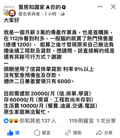 ▲▼近期有網友於臉書分享，月入3萬元卻買總價1200萬元房產的情形。（圖／翻攝自臉書社團《買房知識家 A你的Q》）