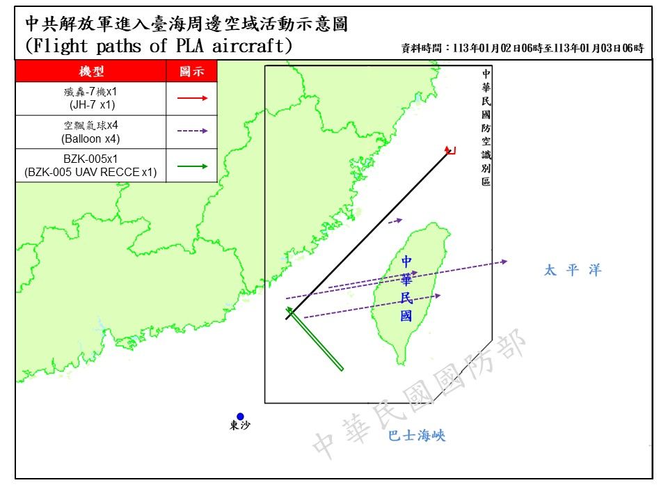 ▲▼國防部3日公布的共機及中共空飄氣球飛行軌跡示意圖。（圖／國防部提供）