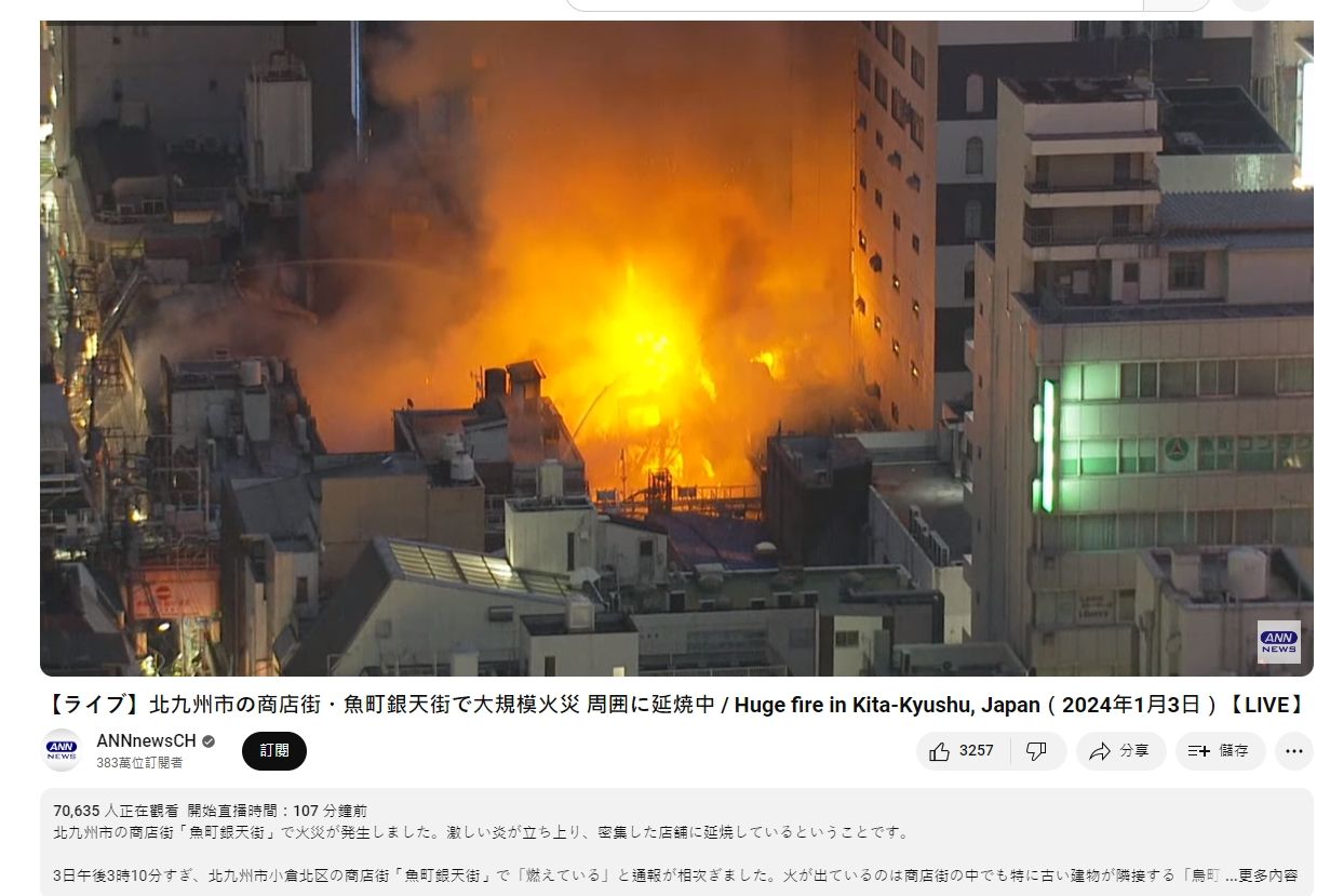 ▲▼日本北九州市「鳥町食堂街」火災激烈！周邊建築2小時後仍在燃燒             。（圖／ANNnewsCH）