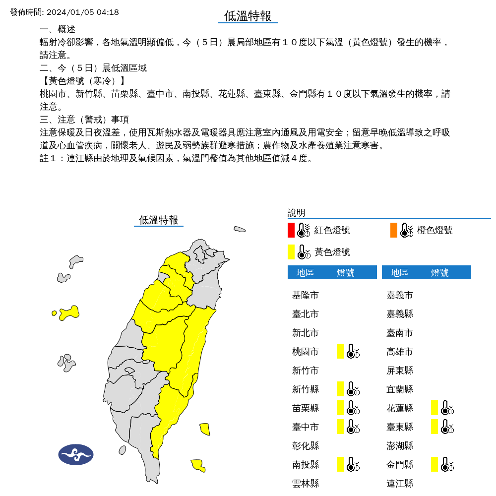 ▲▼低溫特報。（圖／中央氣象局）