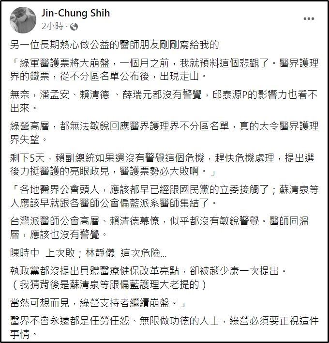 ▲▼鐵票鬆動？台大醫曝侯康1政見殺傷力大　群組一面倒「今生第一次要投藍」。（圖／翻攝自施景中臉書）