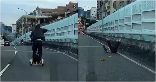 北市一名男子違規將雙輪平衡車騎上高架橋，怎料重心不穩當場慘摔。（圖／擷取自Facebook／爆廢1公社）