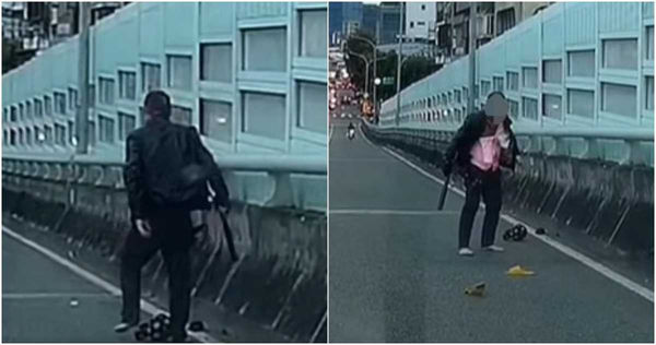 北市一名男子不但違規將雙輪平衡車騎上高架橋，慘摔後還拿著球棒在車道上逛大街。（圖／擷取自Facebook／爆廢1公社）