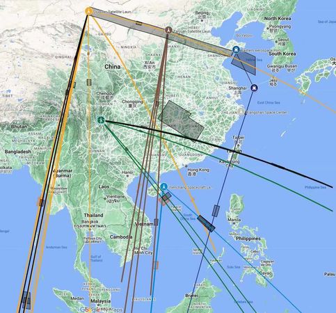 ▲▼ 2022年大陸衛星發射軌跡，西昌衛星發射中心曾越過台灣上空，我國防部早就掌握，為何這次發布國家級警報            。（圖／翻攝X）